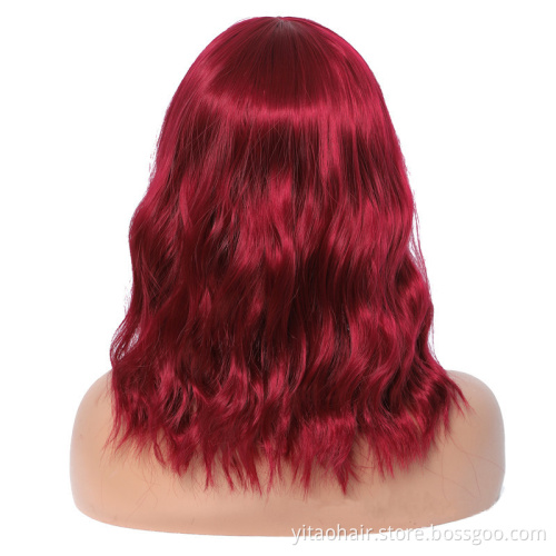 Wholesale price High Temperature Fiber Short Natural Wave 99J color Water Wave Synthetic Wig For Women With Flat Bangs
